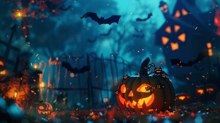 Pumpkin, night, bat, spiders, moon, halloween illustrations.