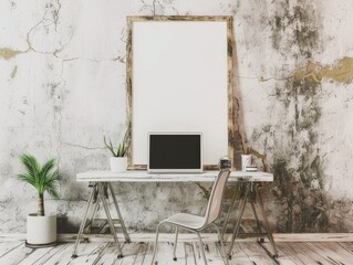 "Portrait Empty Frame on Textured Washed White Wall"