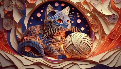 Kitten plays with ball of yarn made of paper