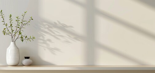 This 3D rendering showcases a modern dining table with chairs and a green plant in a vase, set against a white wall background, embodying a minimalist interior design concept for home decor mockup.