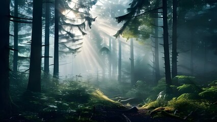 Obraz premium fog covered forest in summer with mystic golden sunlight