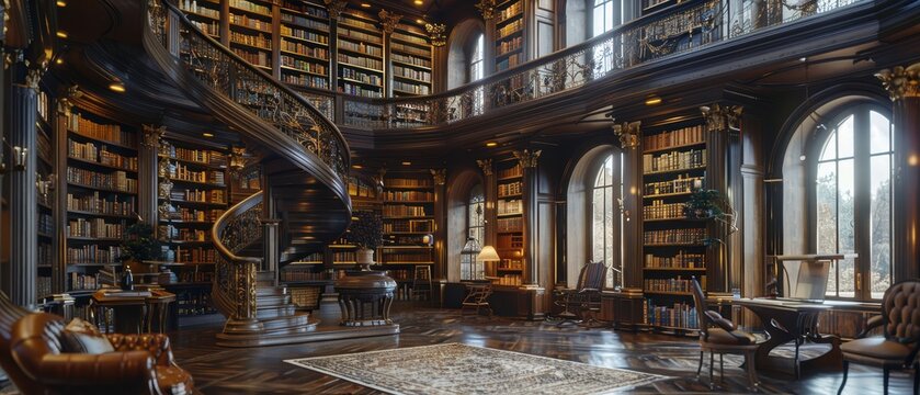 A grand library with towering bookshelves and a spiral staircase, captured in