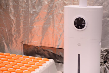 Close up of a humidifier and plant cloning tray for hydroponic growing. Cloner Aeroponic Tray Hydrophonics Growing System and humidifiers for growing cannabis plants.