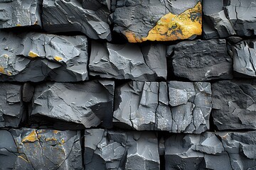 Abstract Textured Black Stone Wall with Natural Yellow Accents for Artistic Background and Design