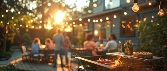 Obraz premium A group of people having a barbecue in a backyard with string lights