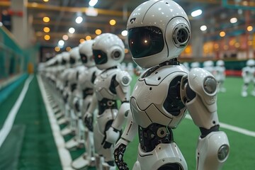 Fototapeta premium A group of child-sized robots playing soccer in a high-tech indoor stadium, with advanced AI controlling their movements.