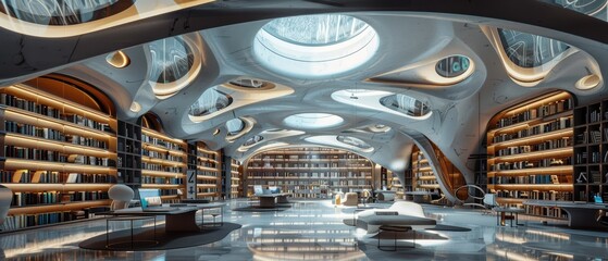 A high-tech library with digital archives and interactive displays