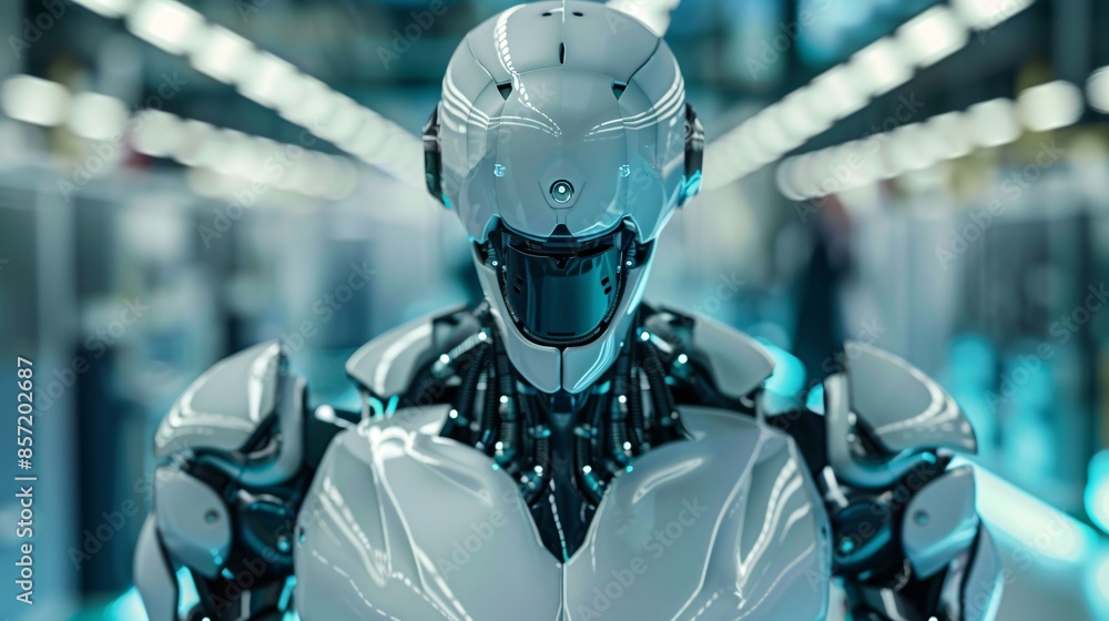 Poster a 3d humanoid robot working in an automated factory, representing futuristic modern technology and a