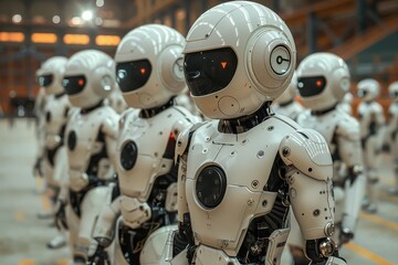 Fototapeta premium A group of child-sized robots playing soccer in a high-tech indoor stadium, with advanced AI controlling their movements.