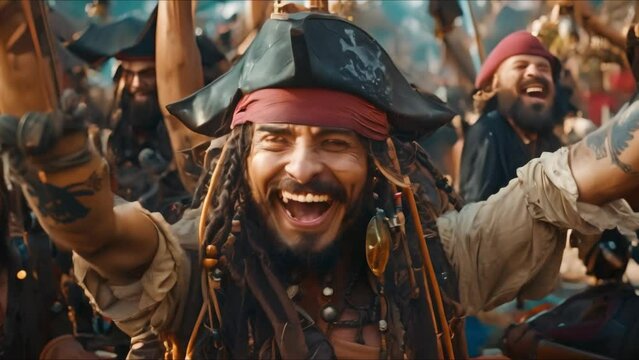Triumphant Pirates Celebrate Victory in Plunder. Concept Pirate, Victory, Plunder, Celebration, Adventure