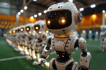 Fototapeta premium A group of child-sized robots playing soccer in a high-tech indoor stadium, with advanced AI controlling their movements.
