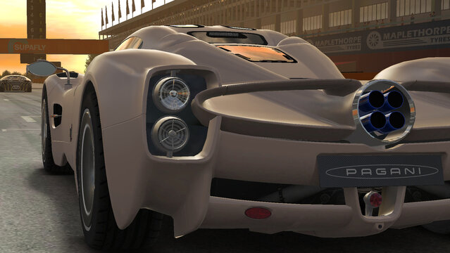 Pagani Utopia rear end closeup shot, 3D render of supercar on race track