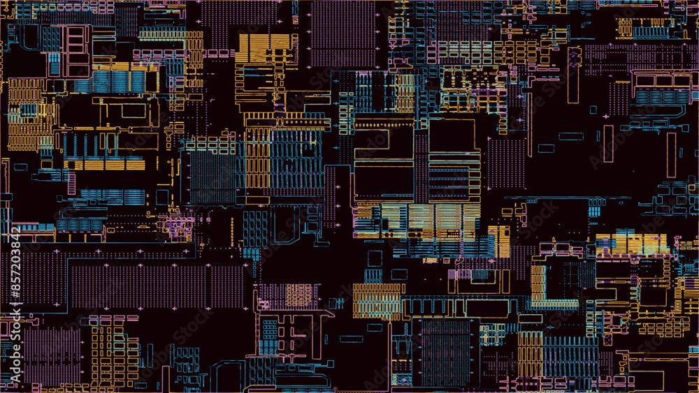 Poster printed circuit board. visualization of advanced technology concept: pcb processor microchip, digiti