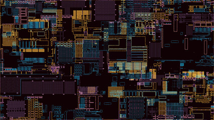 Printed circuit board. Visualization of advanced technology concept: PCB processor microchip, digitization of neural networks and cloud computing. Digital lines transmit data. Electronic computer equi