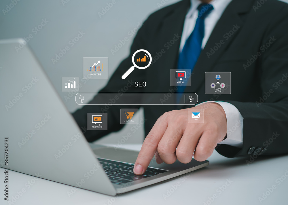Poster businessman use search engine to searching for information, market research on virtual screen, data 
