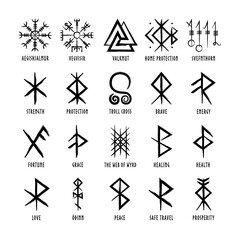 Full editable collection of norse symbols with meanings like protection, love, healing, safe travelling, compass, good luck, brave or courage and more.	
