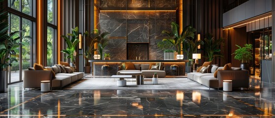 A luxurious hotel lobby with elegant decor, perfect for hospitality and travel themes