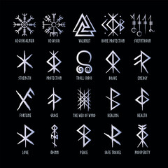 Full editable collection of norse symbols with meanings like protection, love, healing, safe travelling, compass, good luck, brave or courage and more.	
