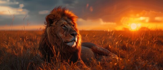 A majestic lion in the savannah at sunrise, captured with incredible detail in 8k uhd