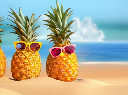 Five ripe pineapples with colorful sunglasses, lined up playfully on a sandy beach, basking in the warm sun and tropical vibes by the ocean. Perfect for conveying vacation and holiday vibes