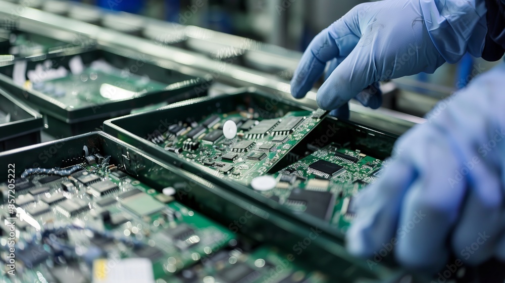 Poster gloved hands sort detailed circuit boards into bins by type and material, showcasing precision and c
