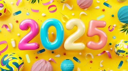 A festive and colorful display of balloons forming the number 2025 amidst party decorations on a yellow background