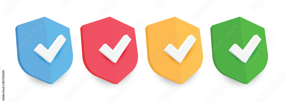 Poster set of four colorful shield icons design with checked sign for approval. vector illustration.
