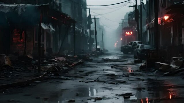 A bleak and desolate post-apocalyptic city street scene after war. Concept Post-Apocalyptic Cityscape, War Devastation, Desolate Urban Environment, Bleak Landscape
