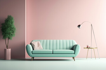 Modern pink sofa in mint green pink yellow colors. Minimal style concept. Pastel color style
