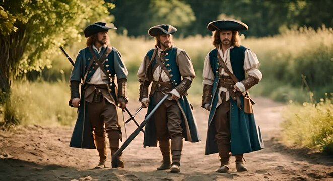 The three musketeers with their swords and hats.