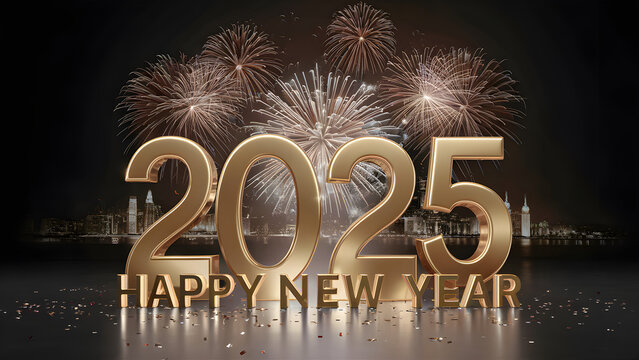 Golden text “Happy New Year 2025” with fireworks.
