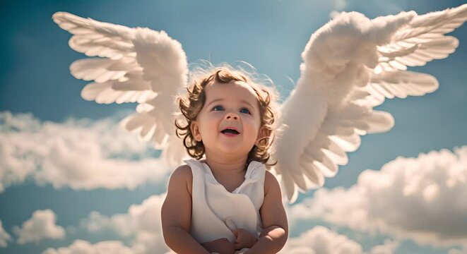 Baby angel with wings in the sky.