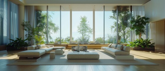 Fototapeta premium A modern, minimalist living room with sleek furniture and large windows, photographed in