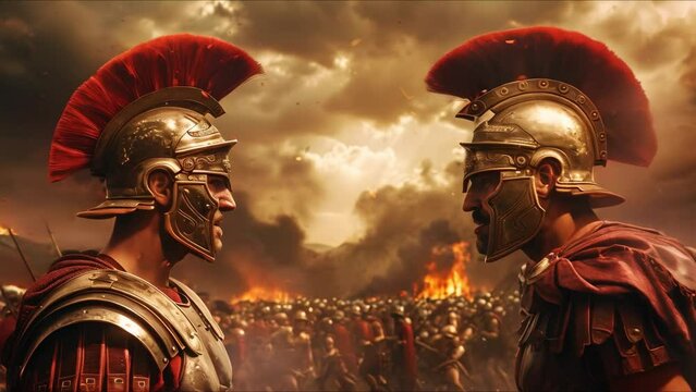 Clash of Roman Gladiator and Soldier in Epic Storm for Freedom. Concept Action Packed, Historical Reenactment, Battle Scene, Dramatic Lighting, Intense Expression