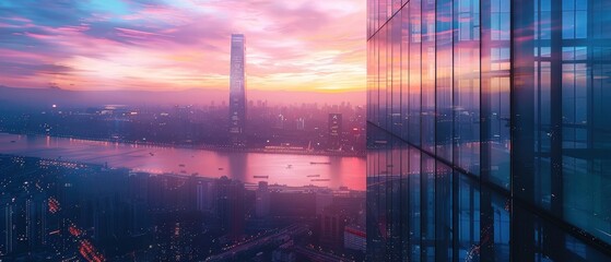 A modern skyscraper reflecting the city skyline at dusk, photographed in