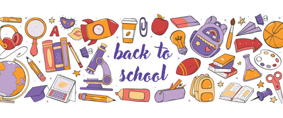 Back to school horizontal banner decorated with lettering quote and doodles on white background. Good for posters, prints, social media decor, flyers, etc. EPS 10