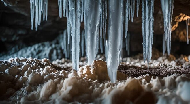 Cave with stalactites. Stalactites on the ceiling of the cave.
