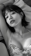 A woman with short hair lies on her back with her arm around her head