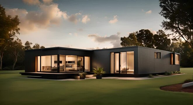 Modular house or container house at sunset.
