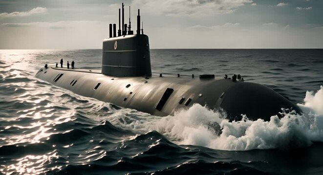 Nuclear submarine sailing through the sea.