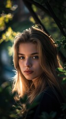 Naklejka premium A young woman with long blonde hair looks directly at the camera, framed by leafy green foliage
