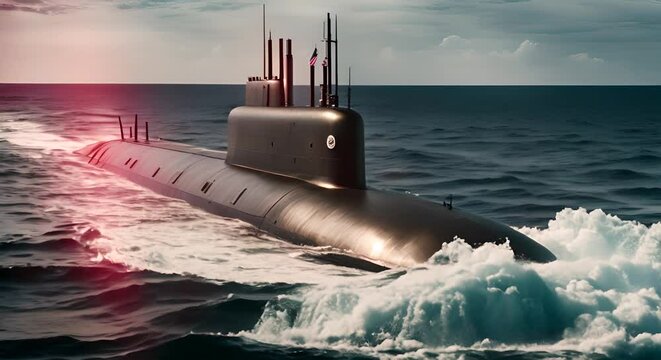 Nuclear submarine sailing through the sea.