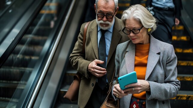 Senior couple riding escalator, woman checking phone