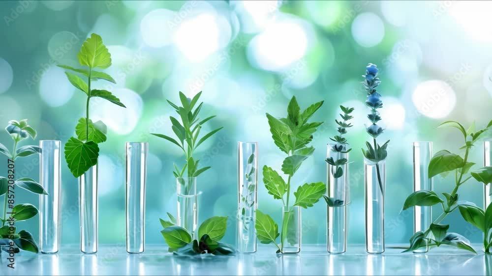 Poster botany experiment setup with assorted plant specimens in glass tubes. concept botany, experiment set