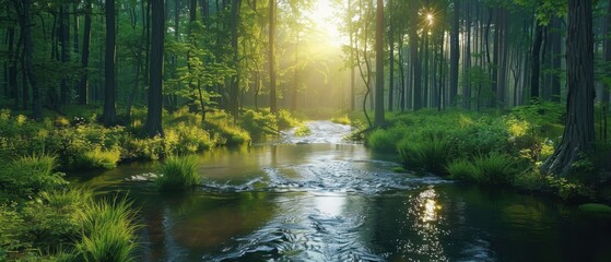 Obraz premium A peaceful river winding through a dense forest, bathed in soft light in