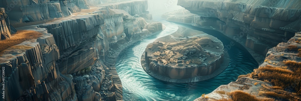Poster a river winding through a canyon taking on the precise angle of a triangle as it carves its path.