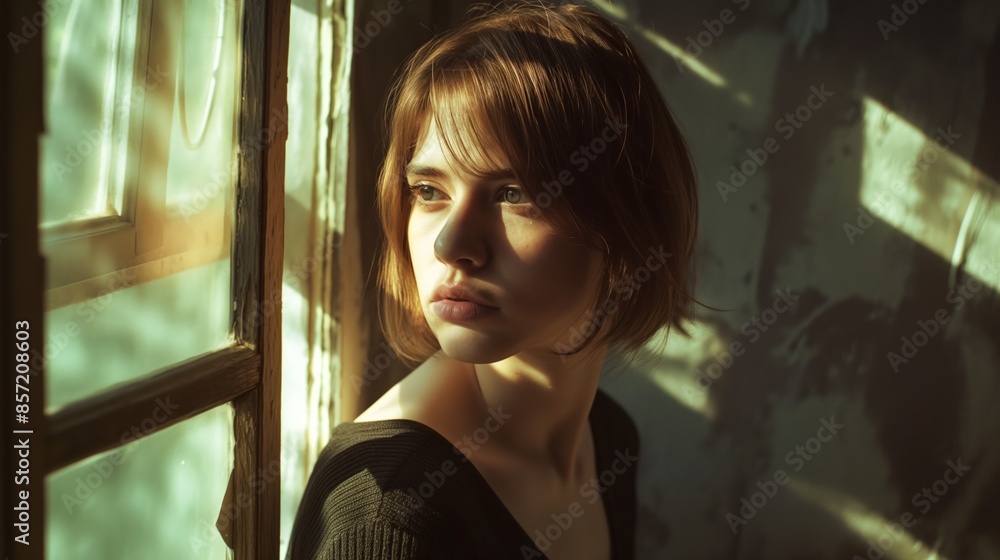 Wall mural A young woman with short brown hair looks out a window