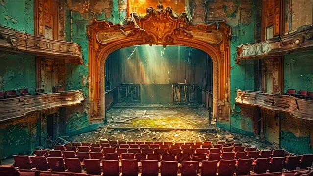 Decaying theater in Europe captured in a haunting image of abandonment. Concept Abandoned Theater, European Architecture, Decaying Glamour, Urban Exploration, Eerie Aesthetics