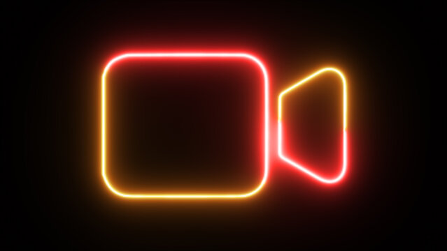 recommend clip art: Neon Video camera icon on black background. Video camera.