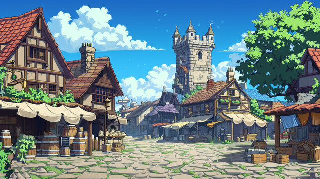 2d pixel art of medieval town, middle ages tower, game art, 16 bits, 32 bits
